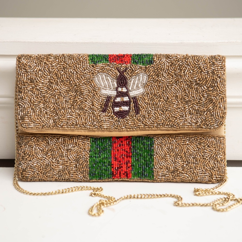 Queen Bee Beaded Purse Envelope Clutch Chain Crossbody Whimsical Maximalist Chic